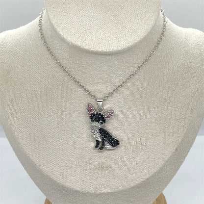 Exquisite Cute Pink Ear Black Chihuahua Pendant Necklace for Women Elegant Pet Puppy Jewelry Animal Accessories Dog Lovers Gift