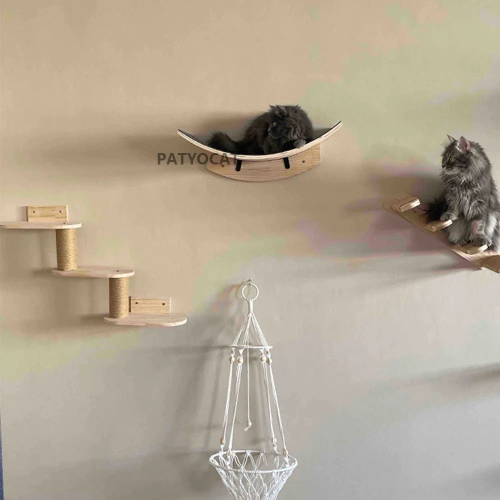 1 Piece Cat Wall Mounted Shelf Furniture Wooden Cat Bed and Scratcher Post with Climbing Ladder Steps for Kitten Play and Rest