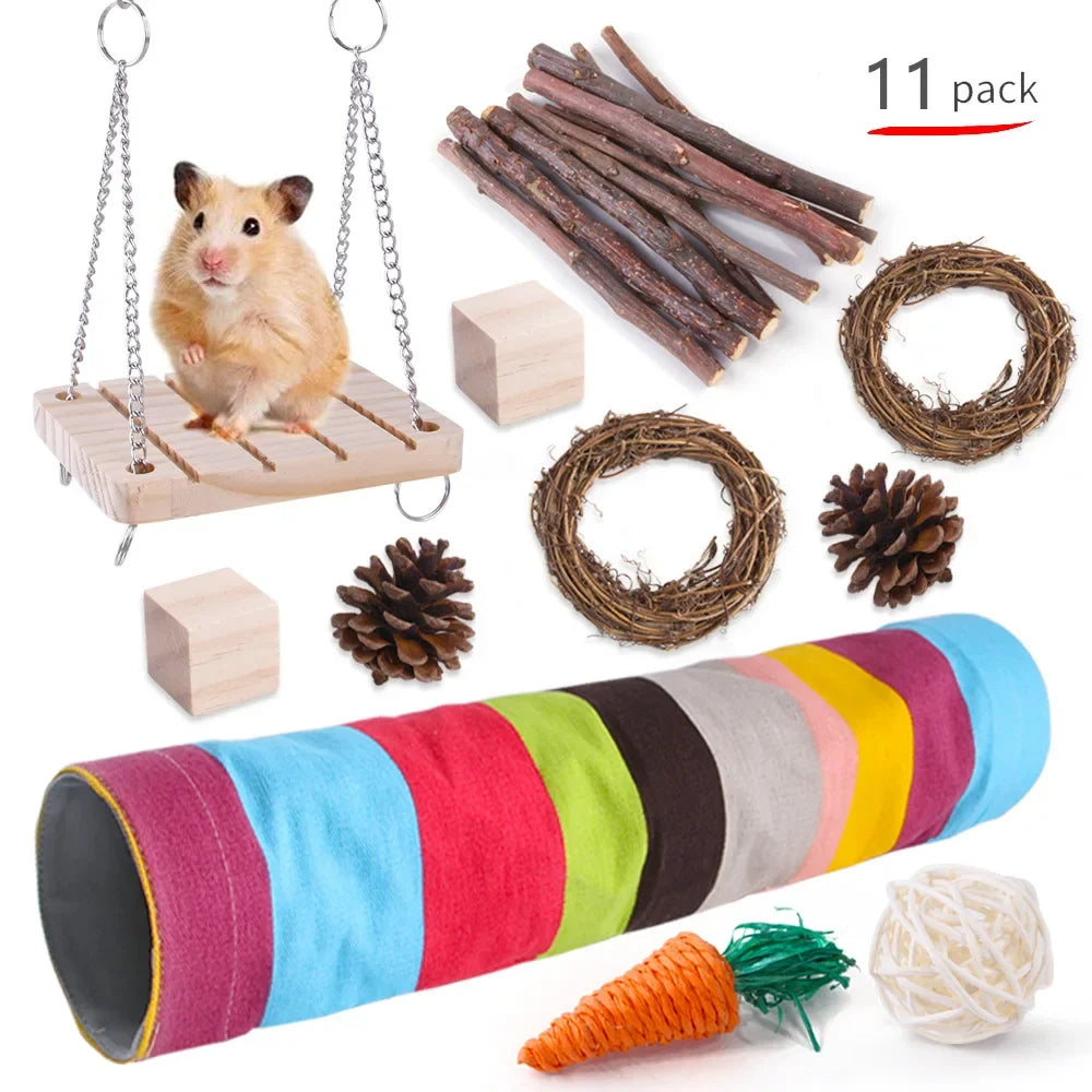 Combination Hamsters Rabbit Rat Toys Hamster Toys Set Pet Rabbit Guinea Pig Parrot Play Molar Wooden Supplies