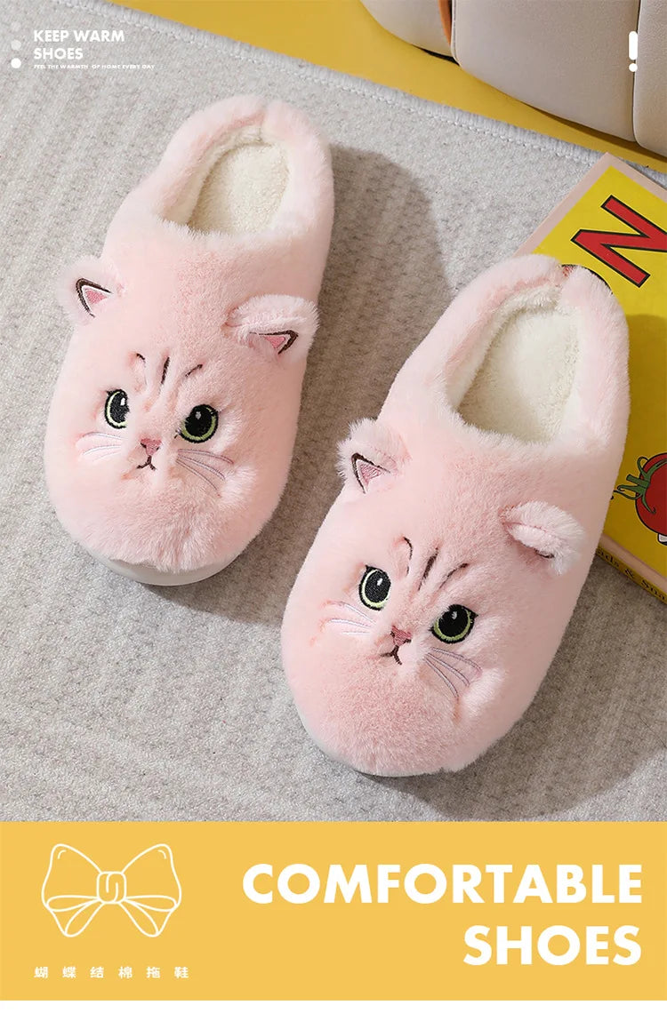 Winter Home Slippers Women Shoes Cute Cartoon Cat Slippers Men Warm Plush Slides Indoor Bedroom Non-Slip Floor Slipper