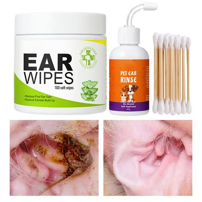 Pet Ear Cleaner 100X Puppy Ear Drops Cleaning Wipes Set Descaling Liquid 60ml For Home Travel Pet Care Supplies For Itch Relief