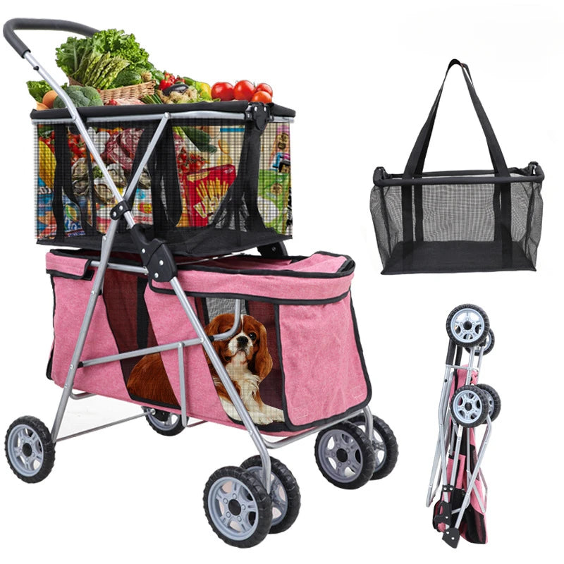 New Pet Cart Foldable Shopping Cart Separation Cat Bag Double-layer Large-capacity Dog Walking Cart