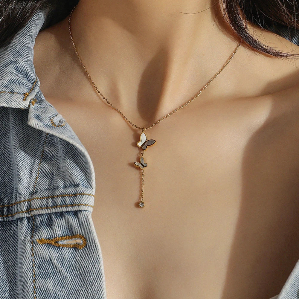 Multilayer Vintage Butterfly Necklace For Women Gold Color 316L Stainless Steel Blade Snake Chain Charms Choker Jewelry Gift