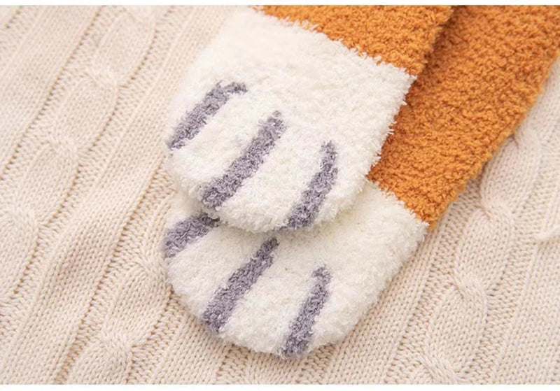 Women Winter Warm Fluffy Socks Cute Animal Claw Cat Paw Footprint Fuzzy Socks Female Thick Coral Fleece Home Floor Sleep Socks