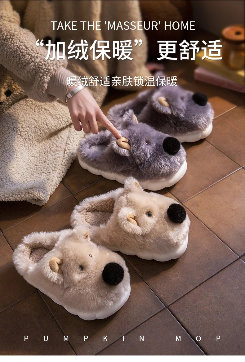 Comwarm Cute Dog Short Plush Slippers For Women 2024 Winter Warm Furry Cotton Shoes Couples Home Indoor Bedroom Cozy Slippers