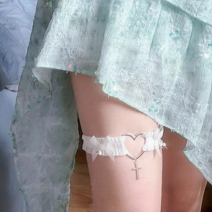 Gothic Lace Garter Belt Heart Bowknot Black White Elastic Choker Strap Cosplay Bondage Lingerie Harness Cross Lolita Leg Garters