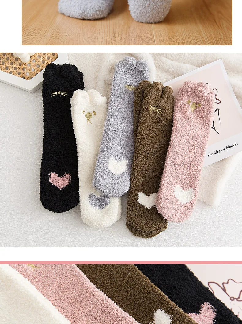 5 Pairs Warm & Fuzzy Cartoon Animal Socks, Crew Length Warm Coral Fleece Socks For Winter, Women's Stocking & Hosiery