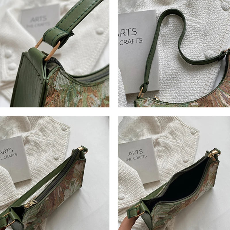 Fashion Vintage Women Oil Painting Design Shoulder Bags Ladies Simple Flower Female Armpit Hobos Bags Small Clutch Handbag Totes