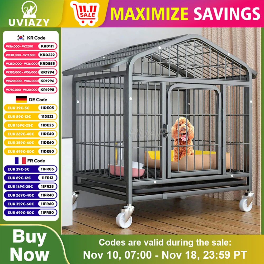 Movable Metal Dog Crate Pet Cages with Leak-Proof Pan Door Removable Tray Floor Protecting Wheel Dog Crate Furniture Indoor Use