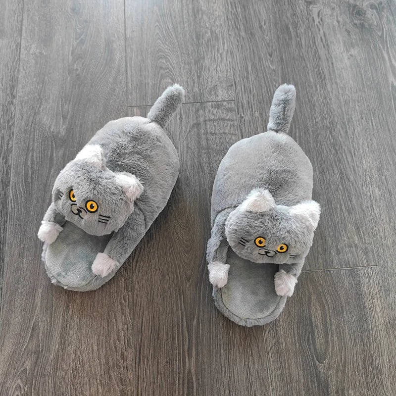 Footsie Cat Slippers Women's Winter Warm Shoes Free Shipping Funny Kitty Animal Slides Woman Fluffy Fur Mules Birthday Gift Toys