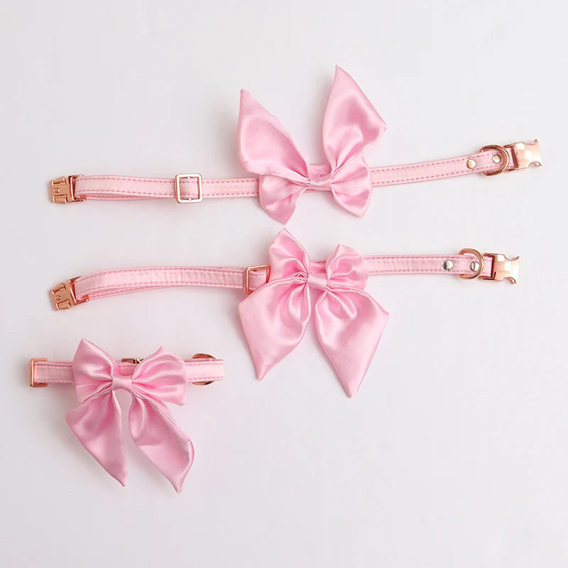 Silk Pink Dog Collar Adjustable Collar for Girl  Puppy Kitten Cats Big Bow White Pet Collar with Metal Buckle Pet Accessories