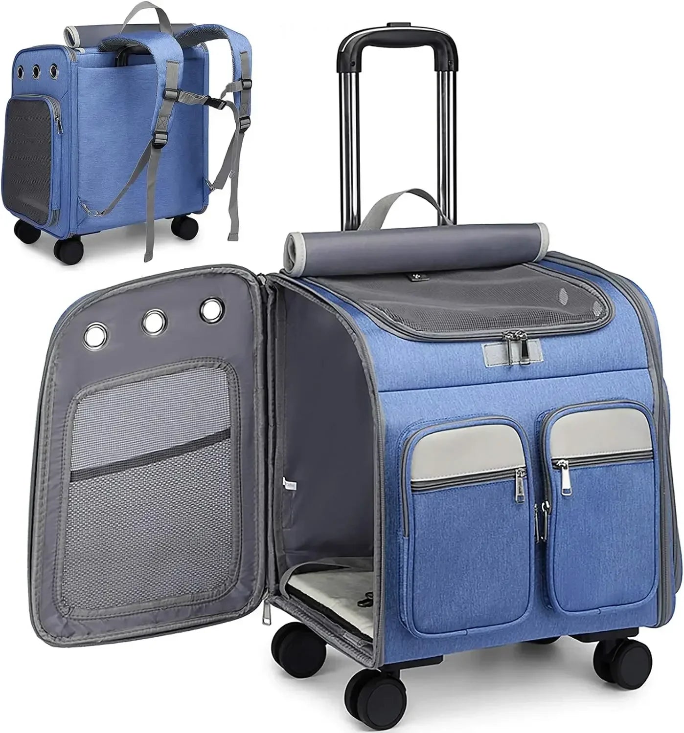 2 in 1 Large Pet Backpack Cat Stroller Pet Carrier with Wheels Portable Foldable Tie-Rod Pet Bag Cat and Dog Travel Carrier Bag