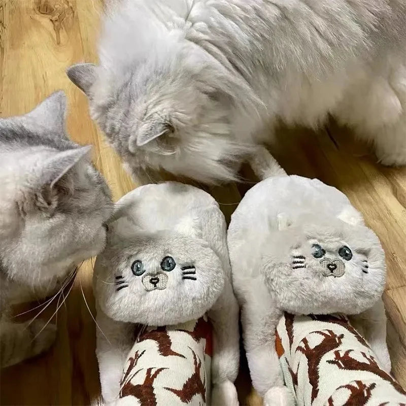 Cute Hug Cat Slippers British Shorthair Cat Design Winter Home Slides Kawaii Floor Shoes Furry Slippers Funny Cute Gift Slippers