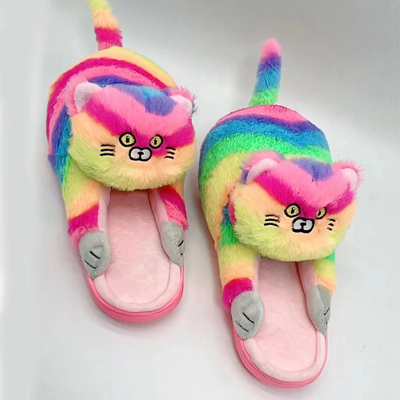 Cuddly Hug Cat Slippers Women Men Winter Home Slides Kawaii Floor Shoes Furry Slippers Girl White Mules Funny Cute Gift Slippers