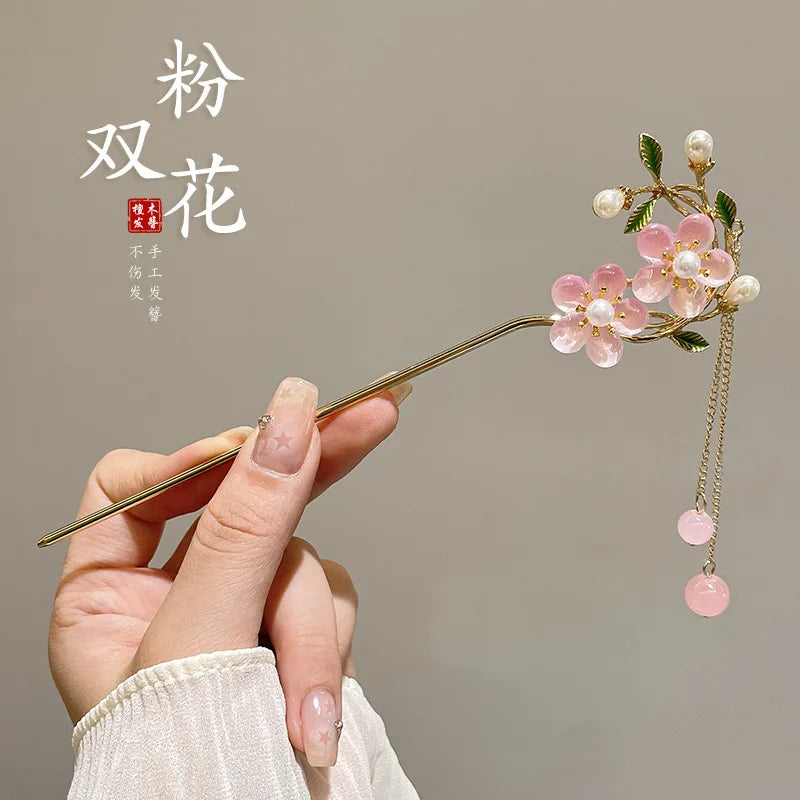 Classic Hair Stick Peach-blossomhair Chopsticks Gold Plated Prong Updo Chignon Hairpin For Women Chinese Hanfu Hair Accessories