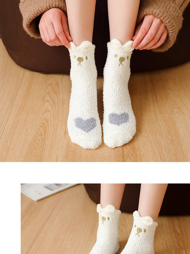 5 Pairs Warm & Fuzzy Cartoon Animal Socks, Crew Length Warm Coral Fleece Socks For Winter, Women's Stocking & Hosiery