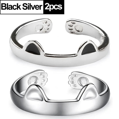 2pcs Y2K Cute Cat Paw Print Ring Women Girls Adjustable Cat Ears Paw Animal Finger Ring Couple Cartoon Little  Gift Jewelry