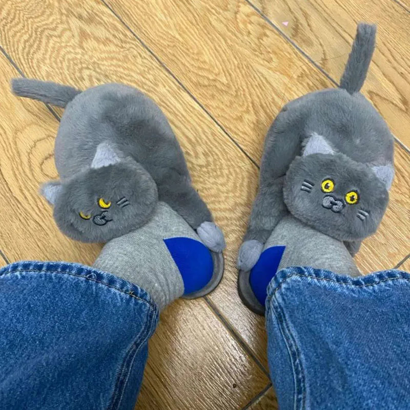 Cute Hug Cat Slippers British Shorthair Cat Design Winter Home Slides Kawaii Floor Shoes Furry Slippers Funny Cute Gift Slippers