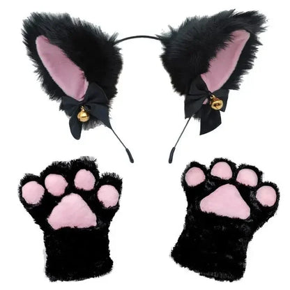 Cat Ear Bow Headband Necklace Cat Claw Gloves Cosplay Plush Bell Hairband Women Girl Masquerade Party Headwear Hair Accessories
