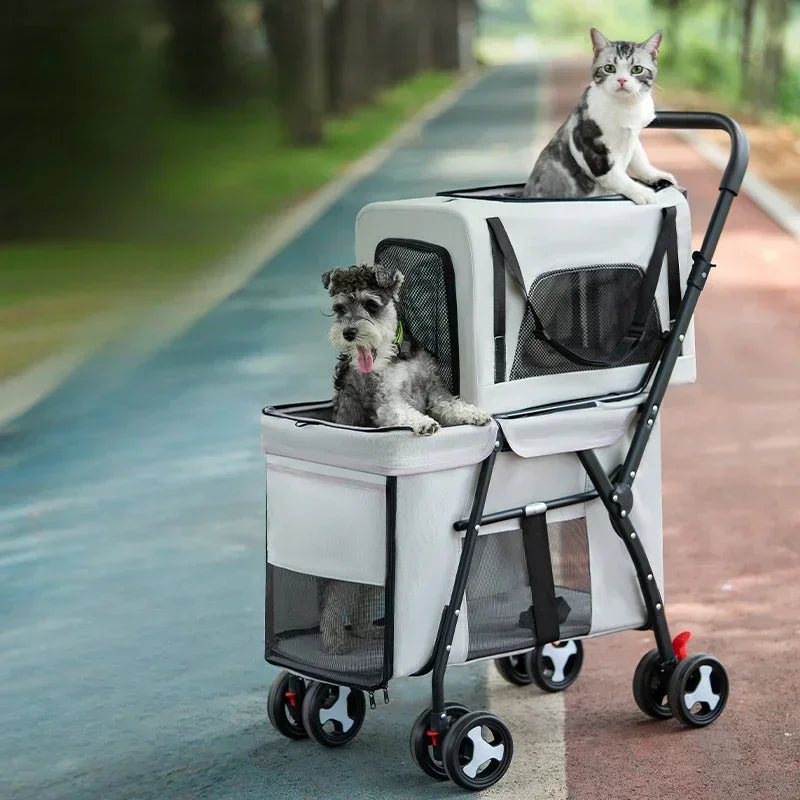 Multifunctional double-layer pet cart Lightweight and foldable pet outdoor travel stroller Ventilated and breathable dog cart