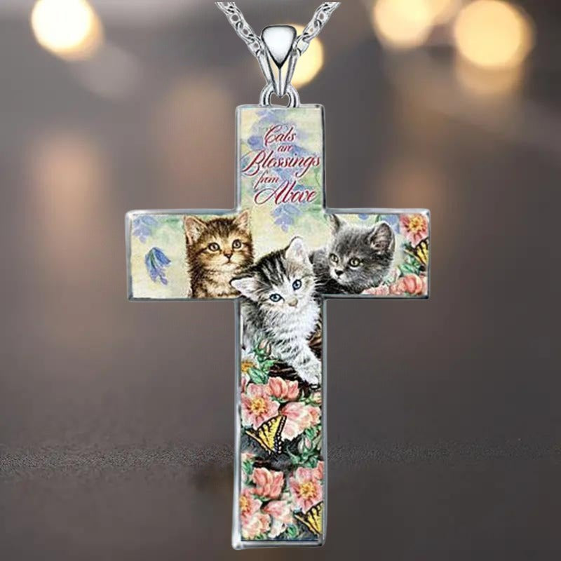 Stylish and Exquisite Three Cats Cross Pendant Necklace for Kid Christian Religious Jewelry Accessories