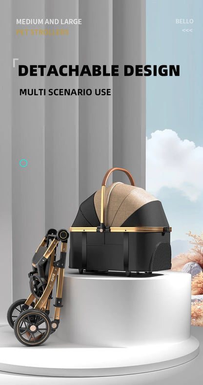 Bello Luxury large Pet Stroller Modern Detachable Medium and Large Cart Aluminum Alloy Cat Dog Hand adjustable Handel Pushing PU