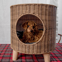 Brown Rattan Cat Cave Bed with Legs, Handwoven Pet Table