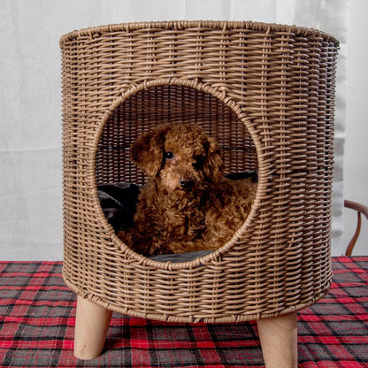 Brown Rattan Cat Cave Bed with Legs, Handwoven Pet Table