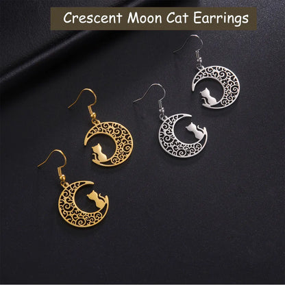 Cazador Cute Cat Kitten Crescent Moon Earrings for Women 2024 Stainless Steel Filigree Drop Earrings Jewelry Birthday Gift 2024