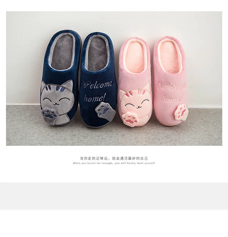 Women Winter Warm Slippers Cartoon Cat Shoes Furry Plush Slides Round Toe Flats Indoor Home Bedroom Floor Slippers Ladies Shoes