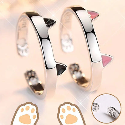 2pcs Y2K Cute Cat Paw Print Ring Women Girls Adjustable Cat Ears Paw Animal Finger Ring Couple Cartoon Little  Gift Jewelry