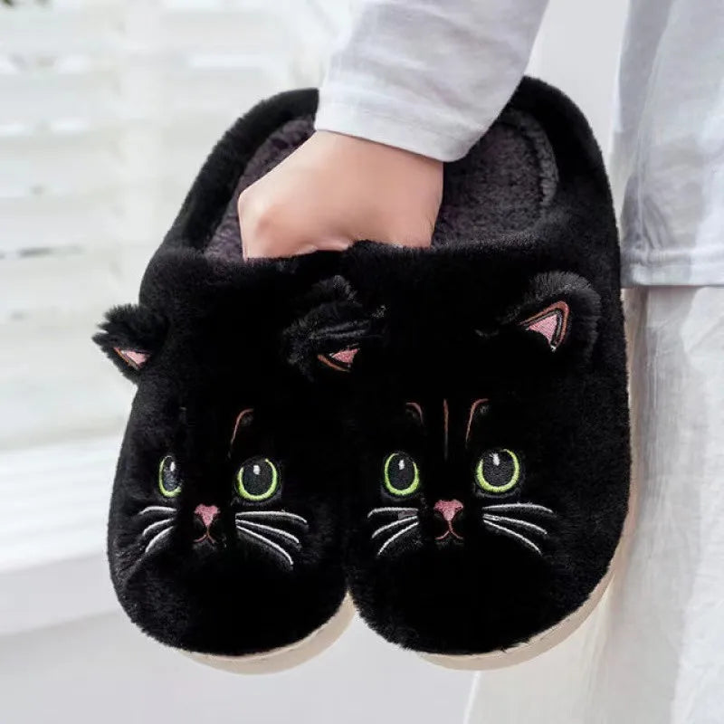 Winter Home Slippers Women Shoes Cute Cartoon Cat Slippers Men Warm Plush Slides Indoor Bedroom Non-Slip Floor Slipper