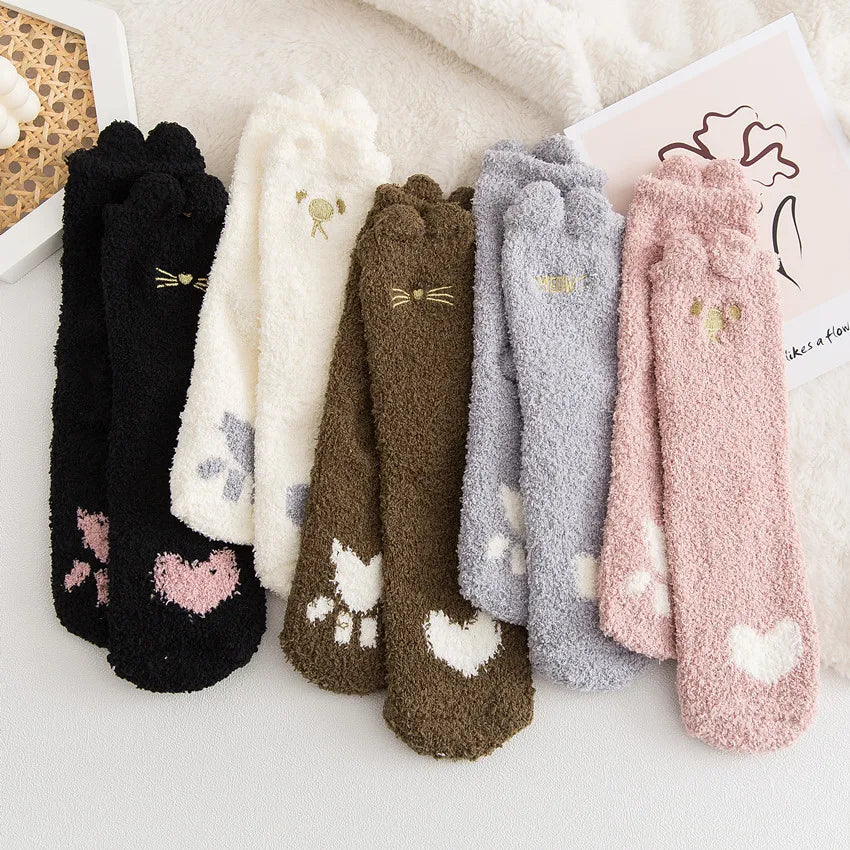 5 Pairs Warm & Fuzzy Cartoon Animal Socks, Crew Length Warm Coral Fleece Socks For Winter, Women's Stocking & Hosiery