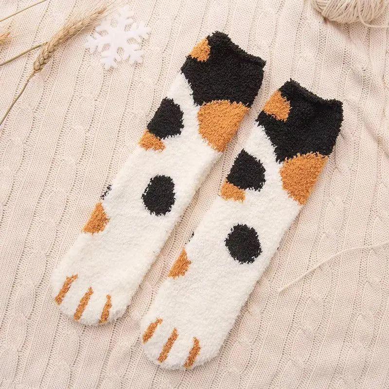 Women Winter Warm Fluffy Socks Cute Animal Claw Cat Paw Footprint Fuzzy Socks Female Thick Coral Fleece Home Floor Sleep Socks