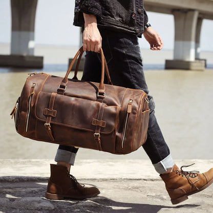 Luufan Genuine Leather Men's Travel Bag With Shoe Pocket Retro Crazy Horse Leather Big Capacity Luggag Bag Business Trip Handbag