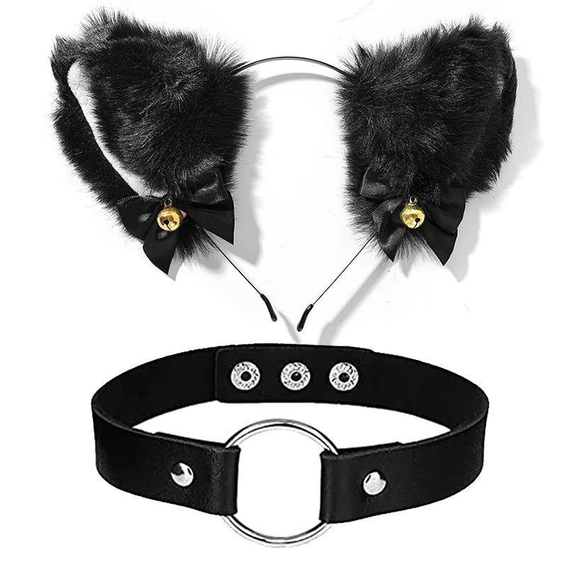 Cat Ear Bow Headband Necklace Cat Claw Gloves Cosplay Plush Bell Hairband Women Girl Masquerade Party Headwear Hair Accessories