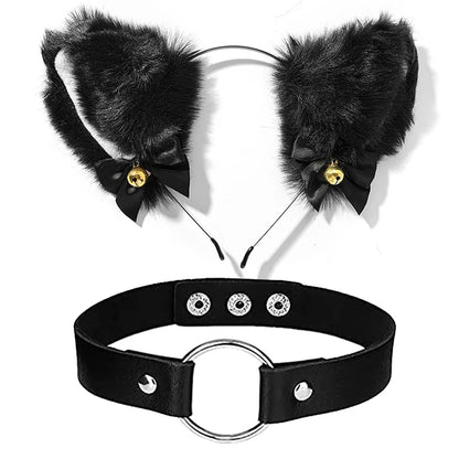 Cat Ear Bow Headband Necklace Cat Claw Gloves Cosplay Plush Bell Hairband Women Girl Masquerade Party Headwear Hair Accessories