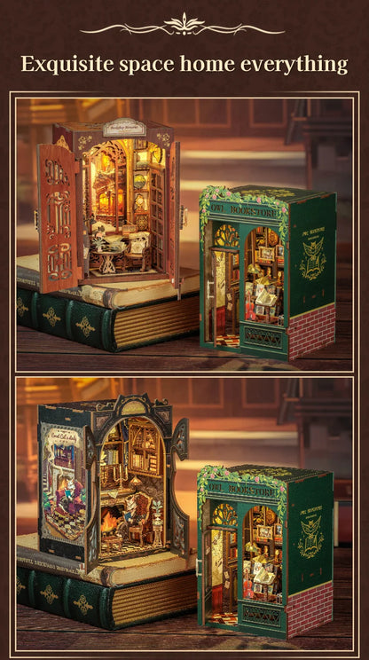 CUTEBEE DIY 書角套件微型玩具屋搭配淺色木質書架外掛復古書角裝飾可作為禮物書店系列