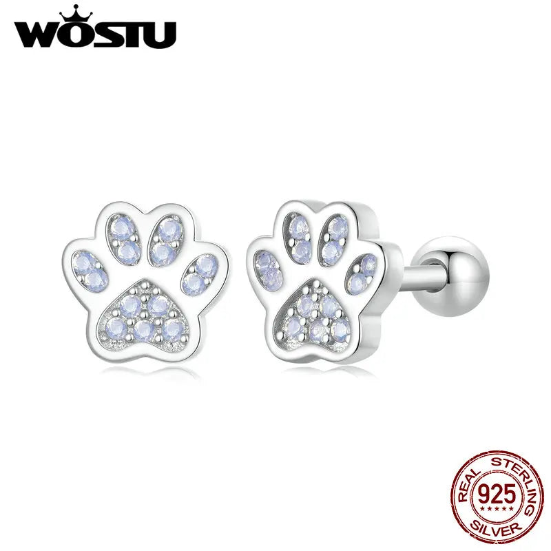 WOSTU 925 Sterling Silver Lovely Pink Opal Paw Stud Earrings For Women Cat Dog Pet Paws Ear Studs Girl Birthday Jewelry Gift