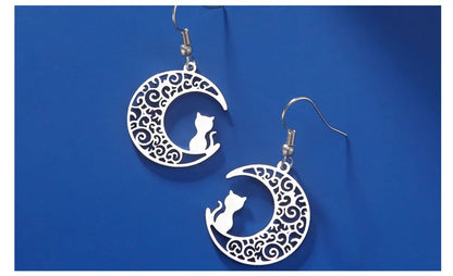 Cazador Cute Cat Kitten Crescent Moon Earrings for Women 2024 Stainless Steel Filigree Drop Earrings Jewelry Birthday Gift 2024