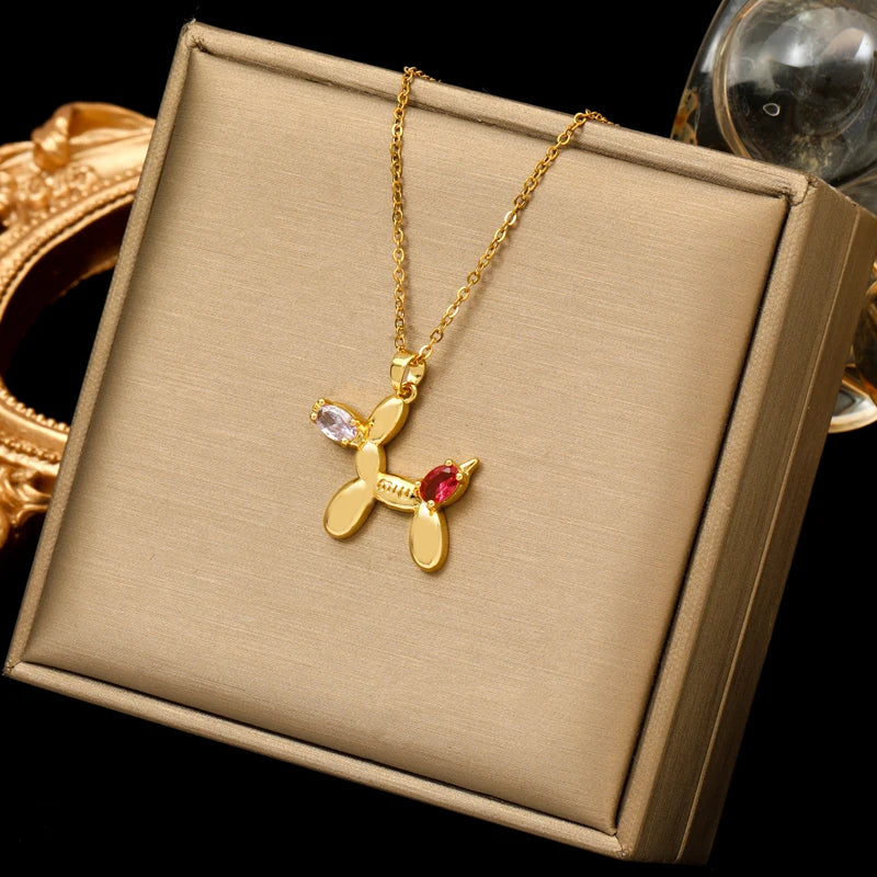 EILIECK 316L Stainless Steel Moon Pearl Zircon Puppy Pendant Necklace For Women Girl New Fashion Neck Chain Jewelry Gift Bijoux