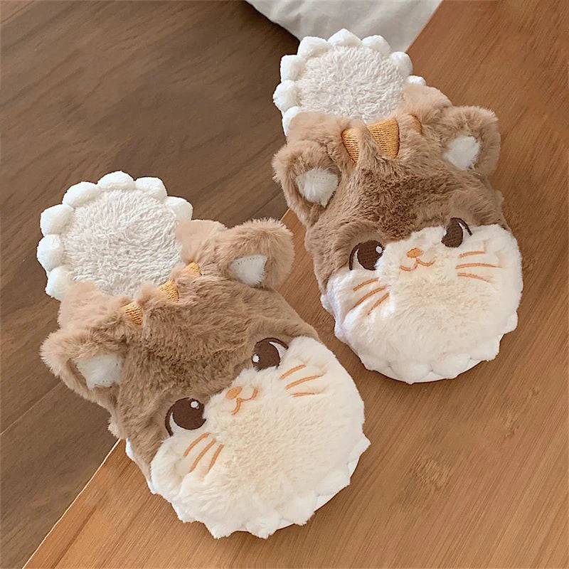 Footsie Cat Slippers Women's Winter Warm Shoes Free Shipping Funny Kitty Animal Slides Woman Fluffy Fur Mules Birthday Gift Toys