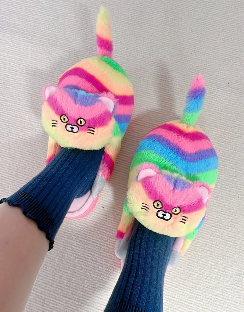 Cuddly Hug Cat Slippers Women Men Winter Home Slides Kawaii Floor Shoes Furry Slippers Girl White Mules Funny Cute Gift Slippers