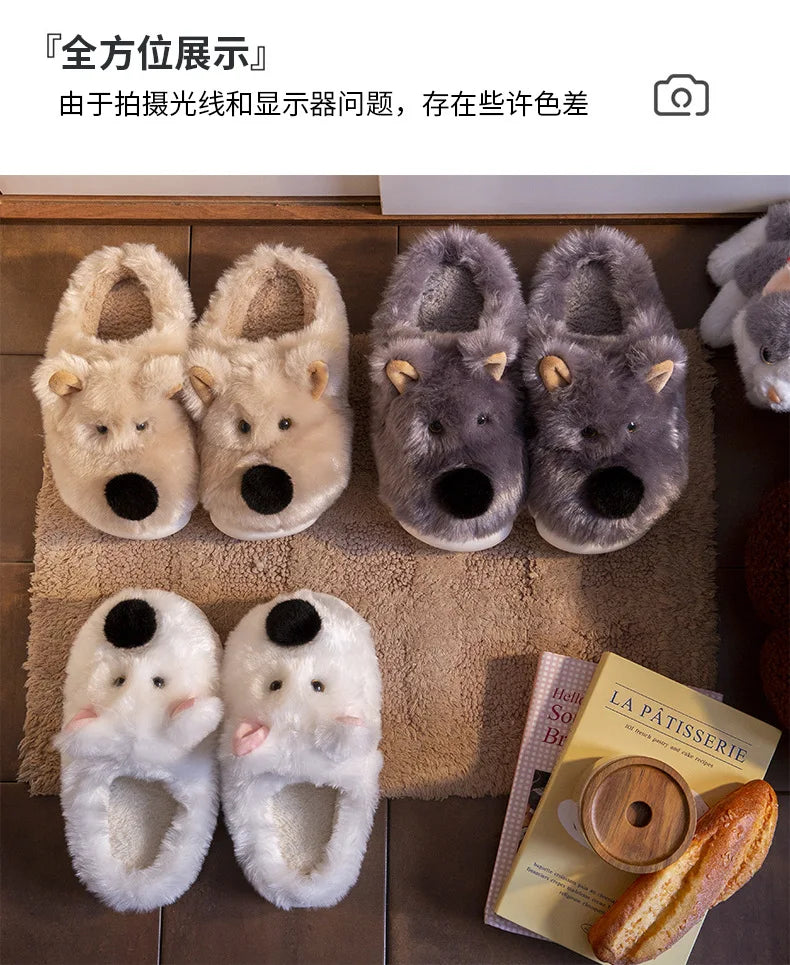 Comwarm Cute Dog Short Plush Slippers For Women 2024 Winter Warm Furry Cotton Shoes Couples Home Indoor Bedroom Cozy Slippers