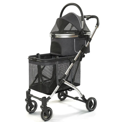 2025 New Dog Stroller with Double Layered Upper and Lower Compartments, Large Space for Pets, Multiple Cats, Dogs, and Dogs Cart