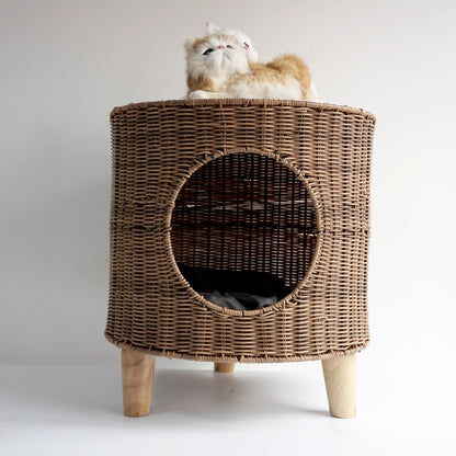 Brown Rattan Cat Cave Bed with Legs, Handwoven Pet Table