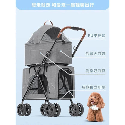 Lightweight folding portable cat dog pet cart car dog cat double cart bag can be separated