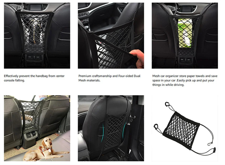 Dog Car Net Barrier Pet Travel Safety Barrier Car Carrier Rear Seat Fence Anti-collision for Child and Pets with Storage Bag