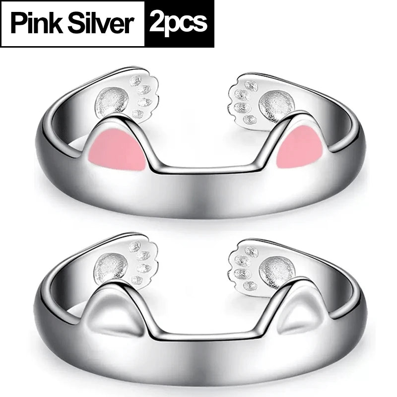 2pcs Y2K Cute Cat Paw Print Ring Women Girls Adjustable Cat Ears Paw Animal Finger Ring Couple Cartoon Little  Gift Jewelry