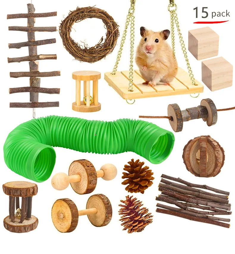 Combination Hamsters Rabbit Rat Toys Hamster Toys Set Pet Rabbit Guinea Pig Parrot Play Molar Wooden Supplies